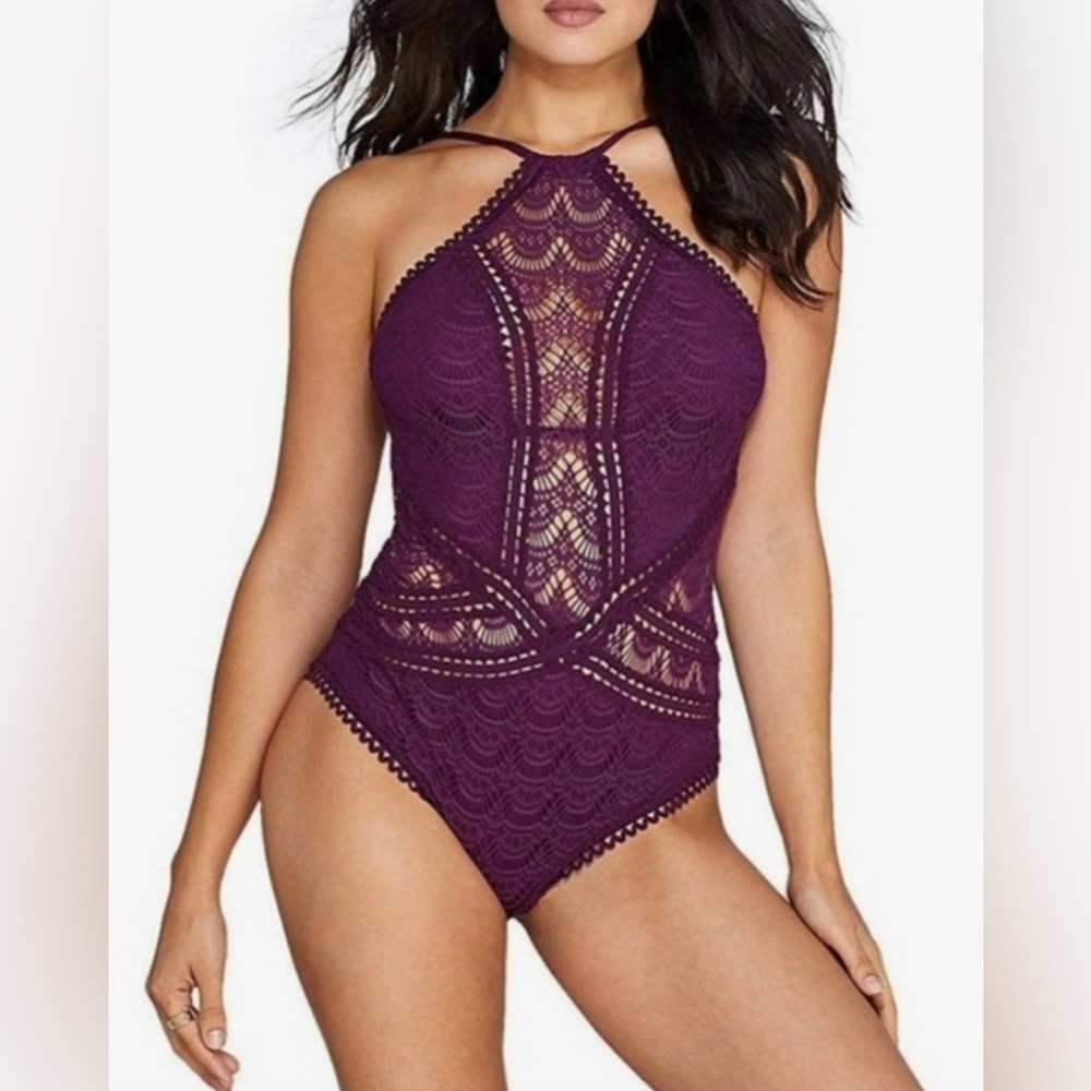 BECCA Size S SCALLOPED LACE LOW BACK HIGH NECK ONE PIECE SWIMSUIT- wine color
